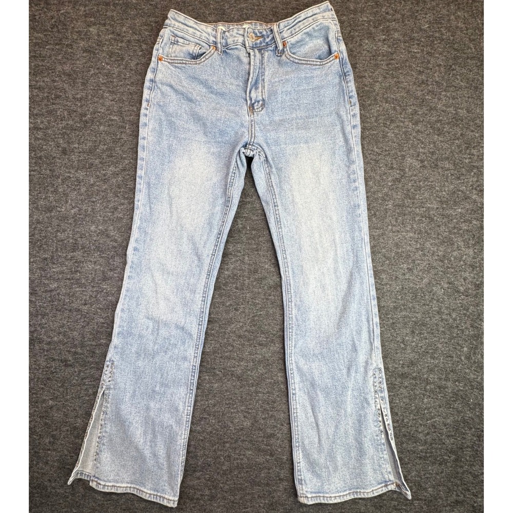 S.O.N.G. Slim‎ Flare Jeans Women 5/27 Light Wash Rhinestone Slit Hem
